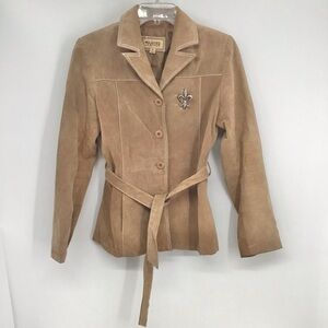 Wilson Leather Y2K Suede Leather Tan Jacket Button-Up Tie Belt Boho Retro Size S